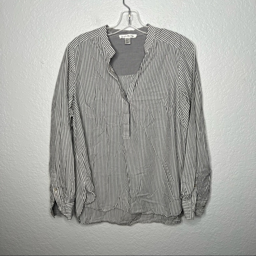Susan Bristol Womens Long Sleeve Henley Stripe Shirt Large Casual Tunic Work
